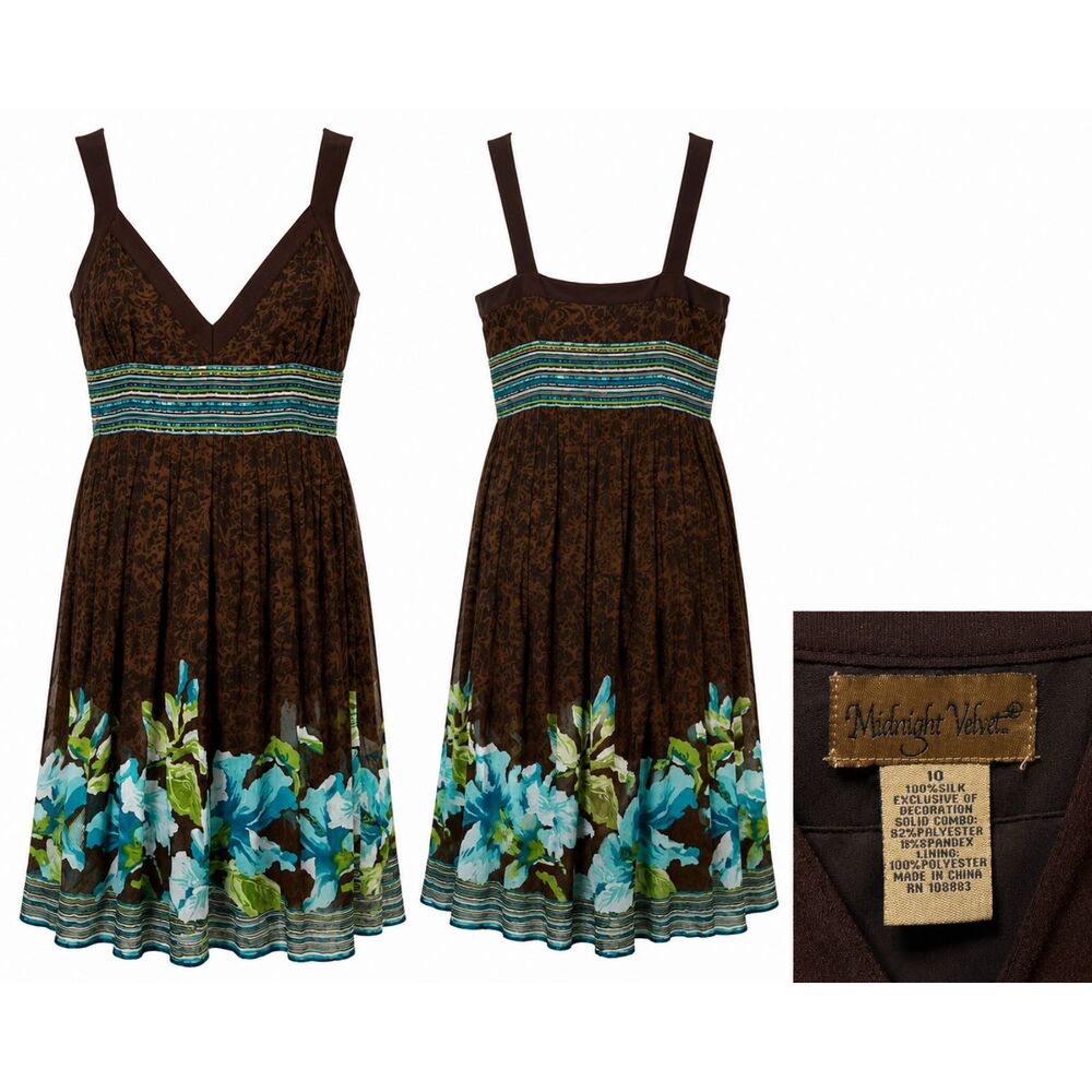 Midnight Velvet Brown Floral Silk Blend Sundress Beaded Waist Size 14